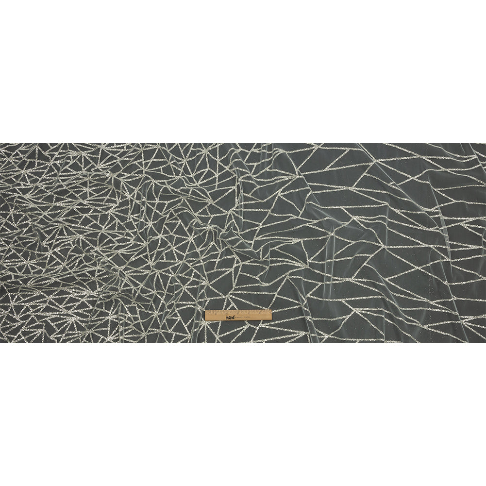 Glitter Tulle - White and Silver Linear Geometry - Full