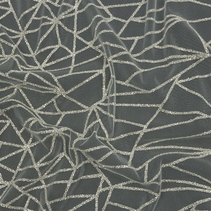 Glitter Tulle - White and Silver Linear Geometry