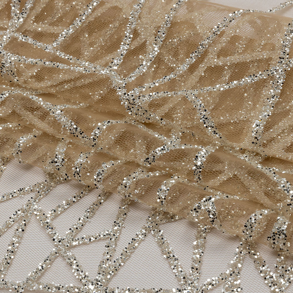Glitter Tulle - Mink and Silver Linear Geometry - Folded