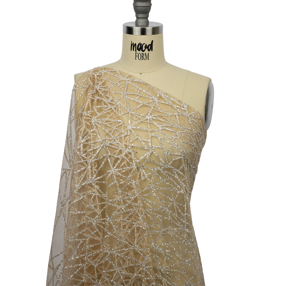 Glitter Tulle - Mink and Silver Linear Geometry - Drape