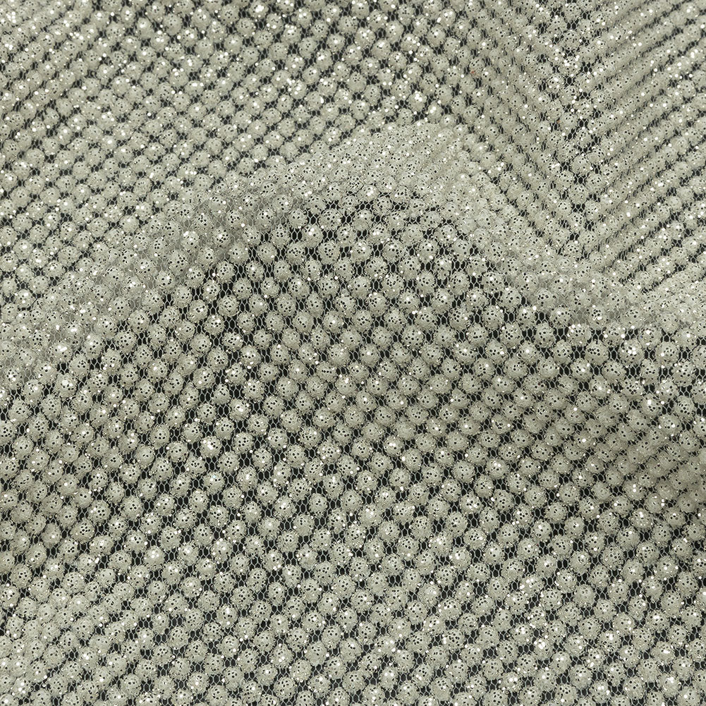3D Puffy Glitter Tulle - Off White and Silver Packed Polka Dots