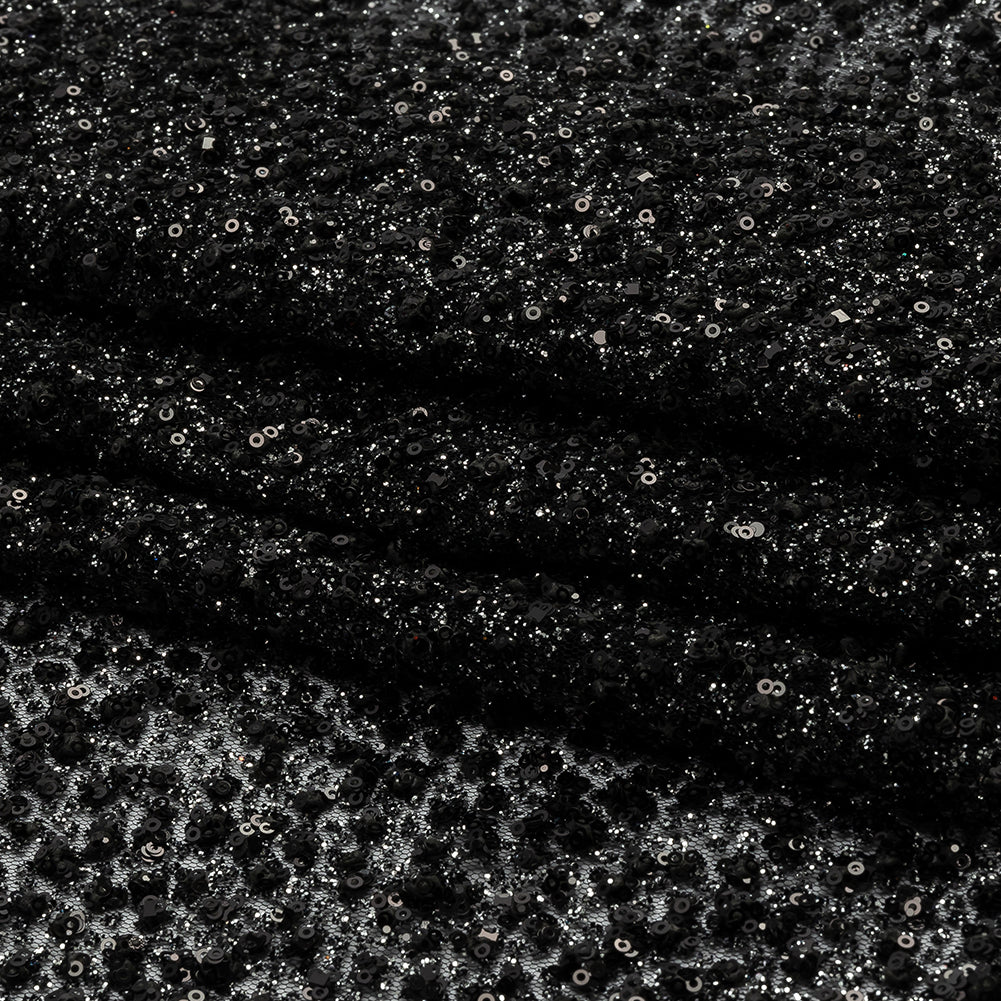 3D Glitter Tulle - Black Puffy Spots - Folded
