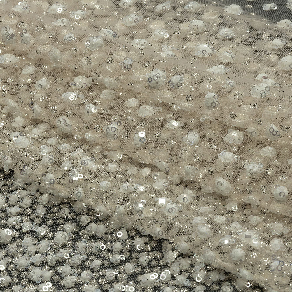 3D Glitter Tulle - Champagne and White Puffy Spots Gradient