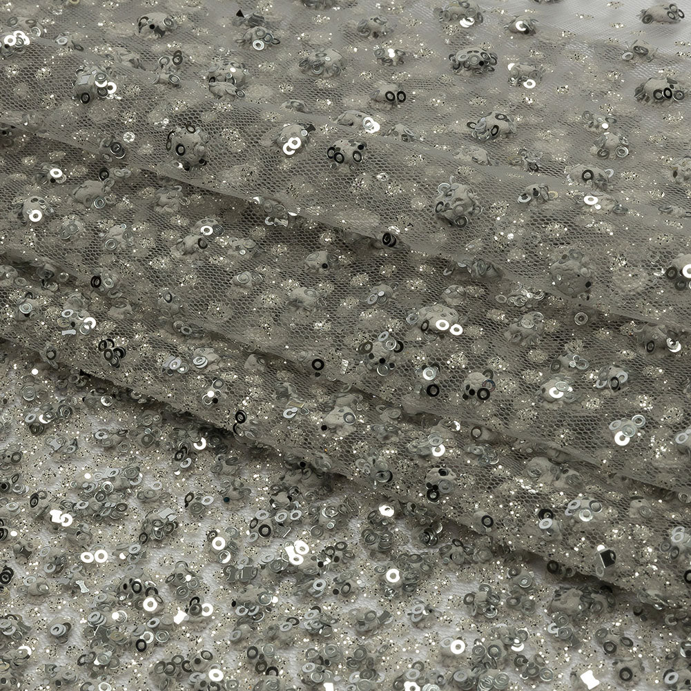 3D Glitter Tulle - Light Gray Puffy Spots Gradient - Folded