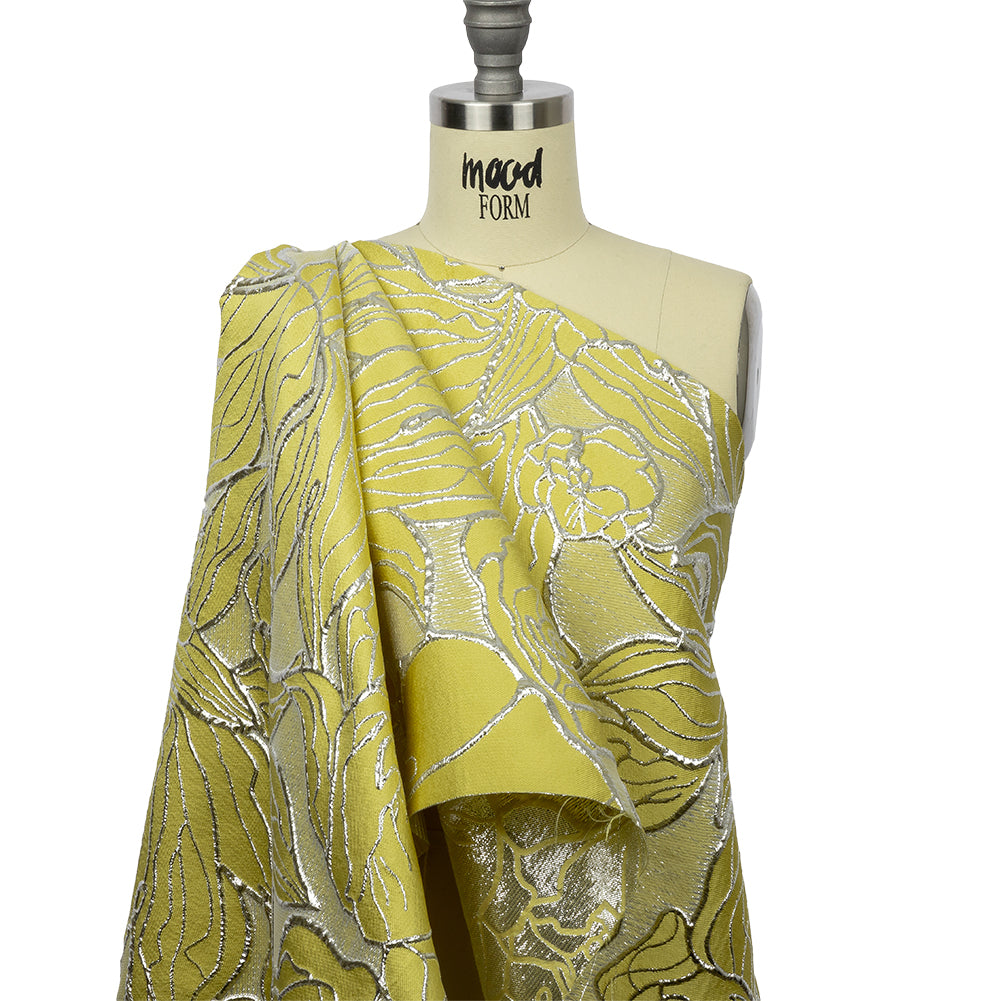 Metallic Silver and Sunshine Outlined Florals Luxury Brocade