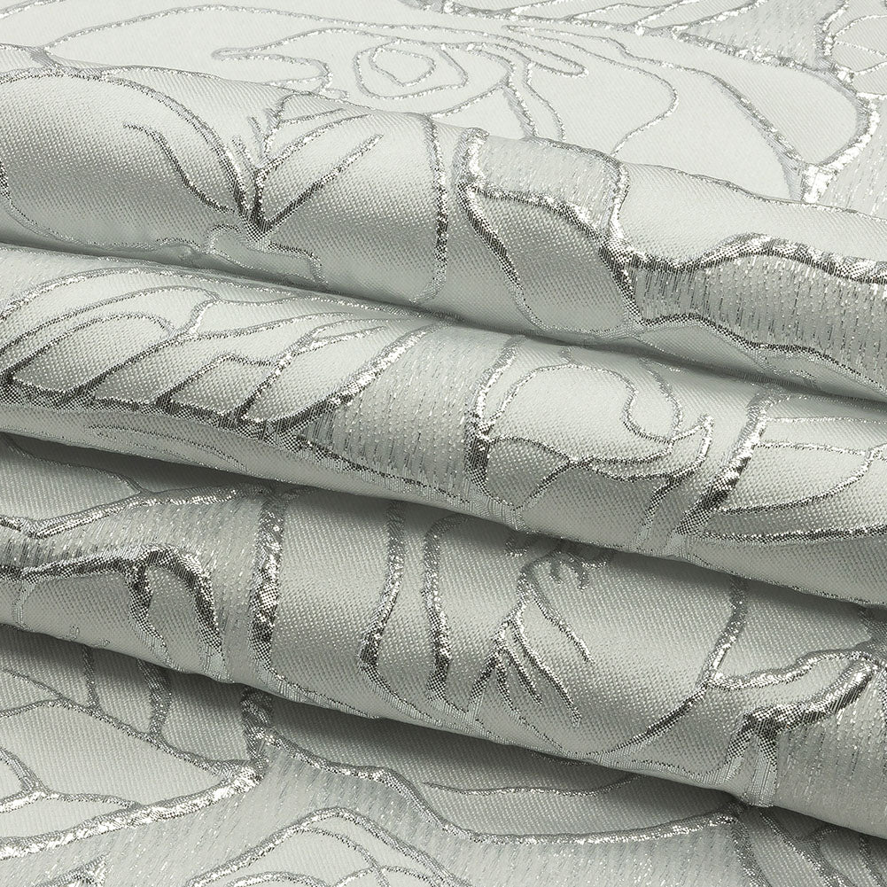 Metallic Silver and White Outlined Florals Luxury Brocade - Folded