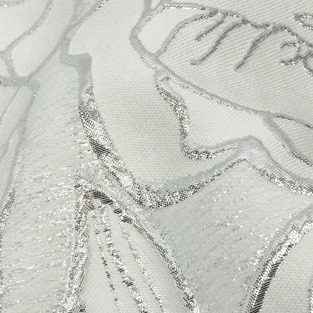 Metallic Silver and White Outlined Florals Luxury Brocade - Detail