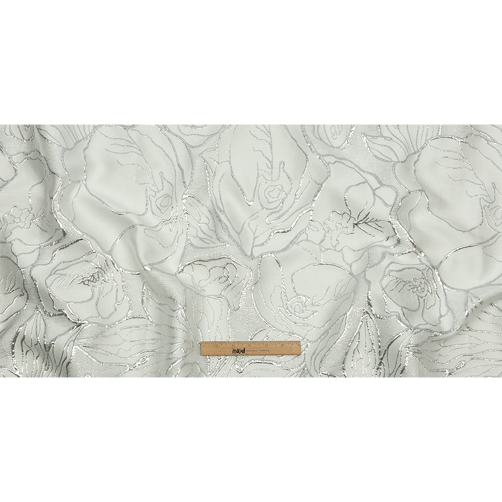 Metallic Silver and White Outlined Florals Luxury Brocade - Full