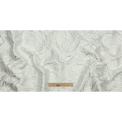 Metallic Silver and White Outlined Florals Luxury Brocade