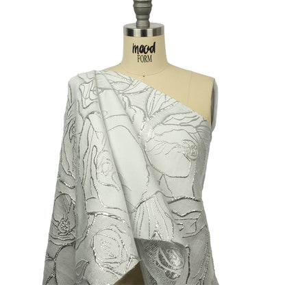 Metallic Silver and White Outlined Florals Luxury Brocade