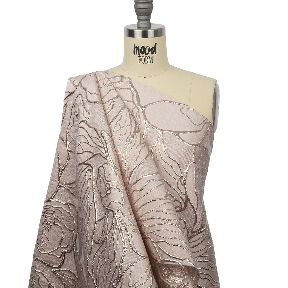 Metallic Rose Gold and Pink Outlined Florals Luxury Brocade - Drape