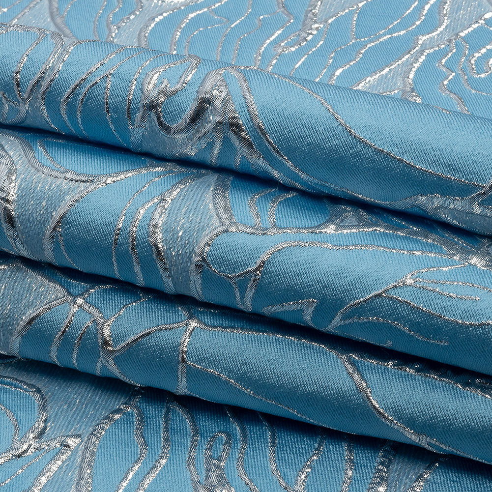 Metallic Silver and Baby Blue Outlined Florals Luxury Brocade - Folded