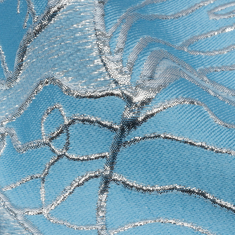 Metallic Silver and Baby Blue Outlined Florals Luxury Brocade - Detail