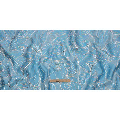 Metallic Silver and Baby Blue Outlined Florals Luxury Brocade