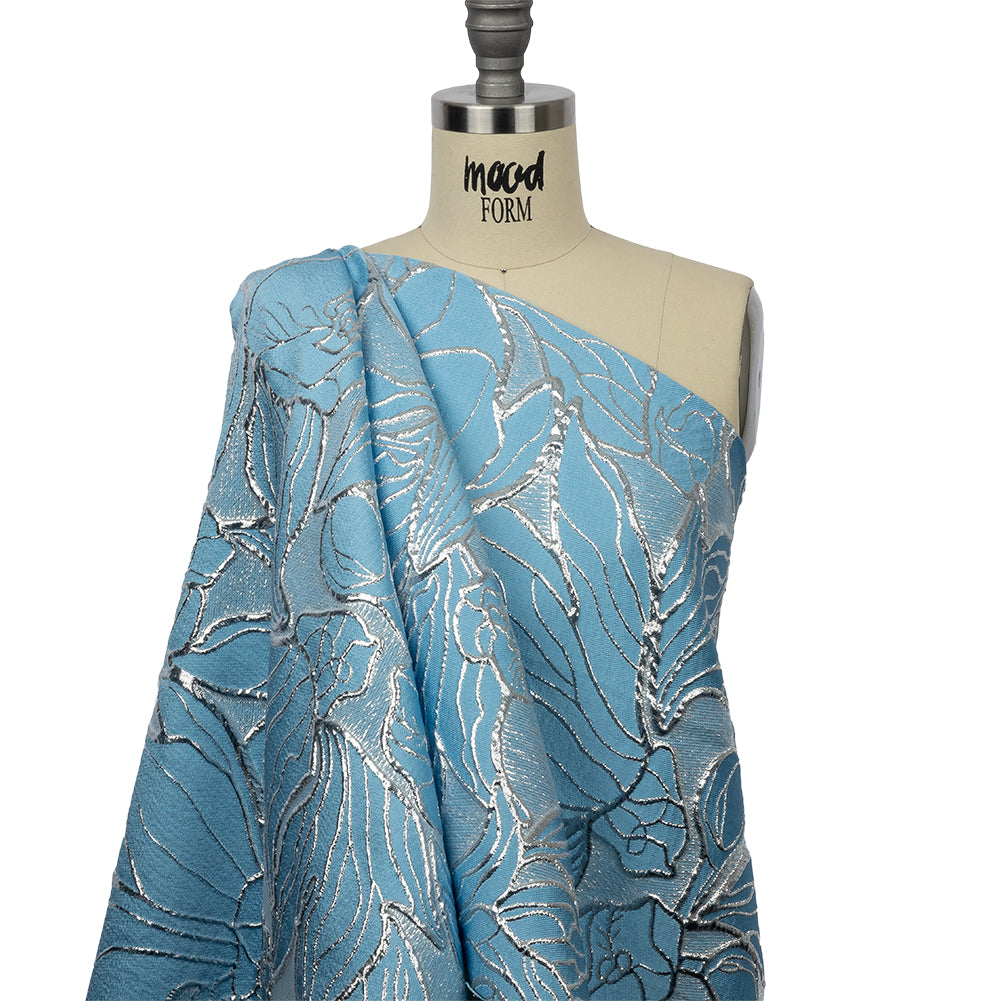 Metallic Silver and Baby Blue Outlined Florals Luxury Brocade - Drape