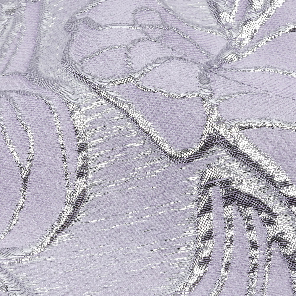 Metallic Silver and Lilac Outlined Florals Luxury Brocade - Detail