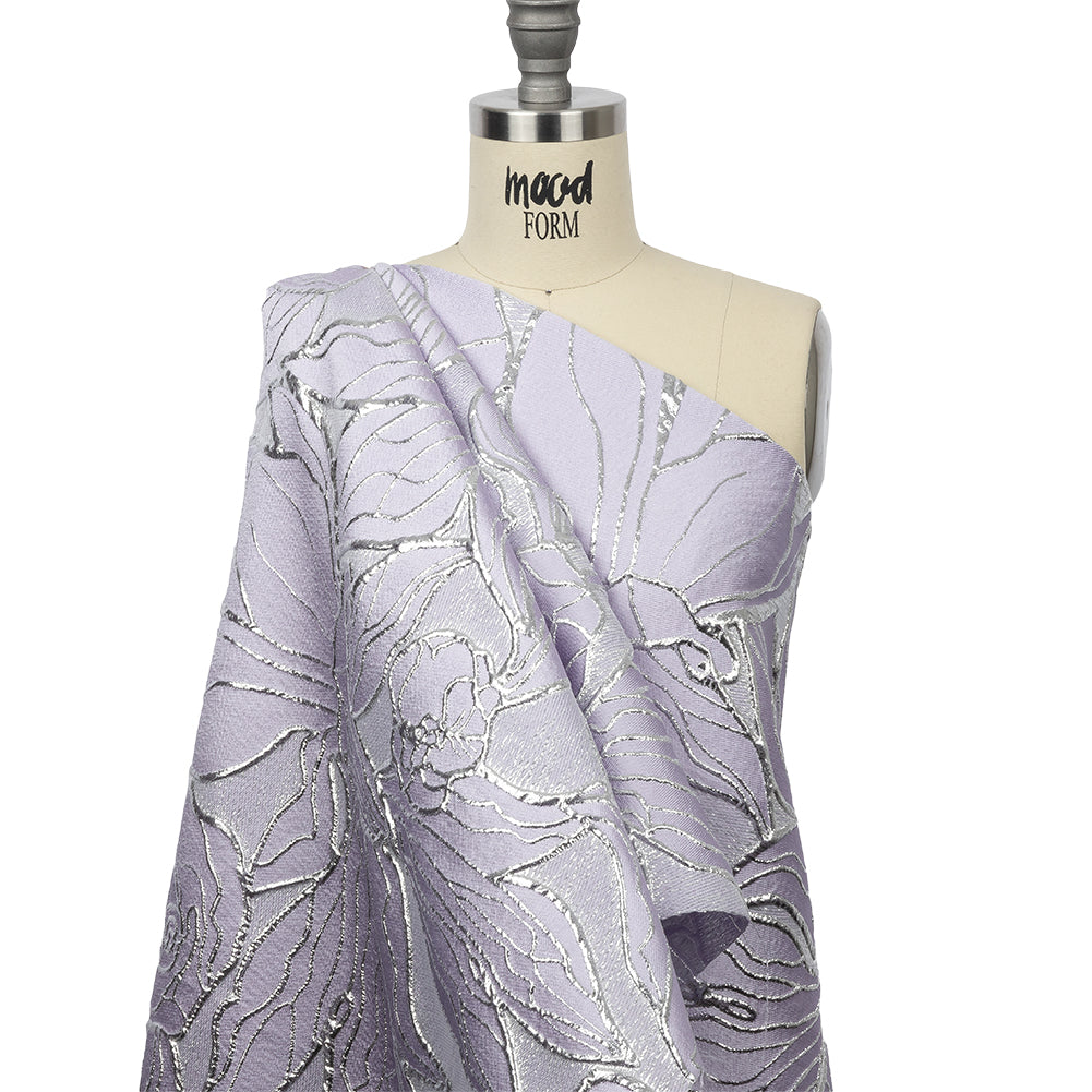 Metallic Silver and Lilac Outlined Florals Luxury Brocade - Drape