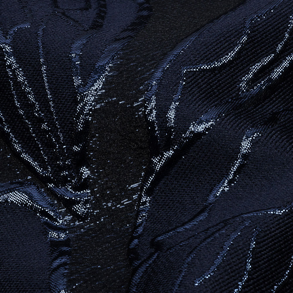 Metallic Navy Outlined Florals Luxury Brocade - Detail