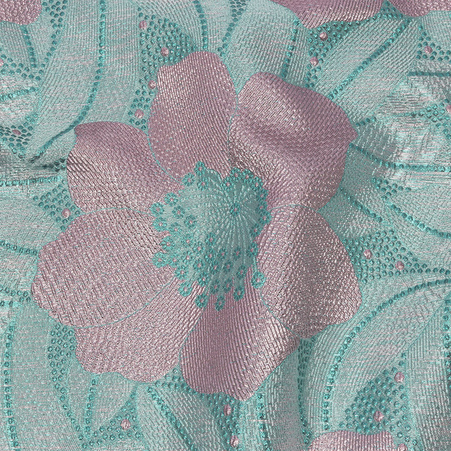Metallic Teal and Lilac Tropical Flowers Luxury Brocade