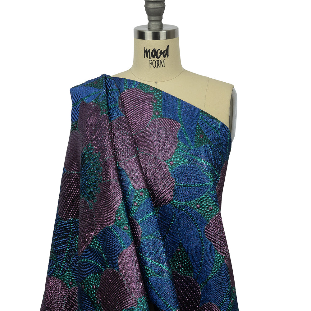 Metallic Purple, Royal Blue and Teal Tropical Flowers Luxury Brocade - Drape