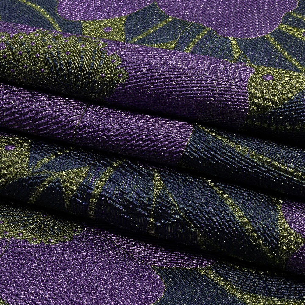 Metallic Navy, Lime and Lavender Tropical Flowers Luxury Brocade - Folded