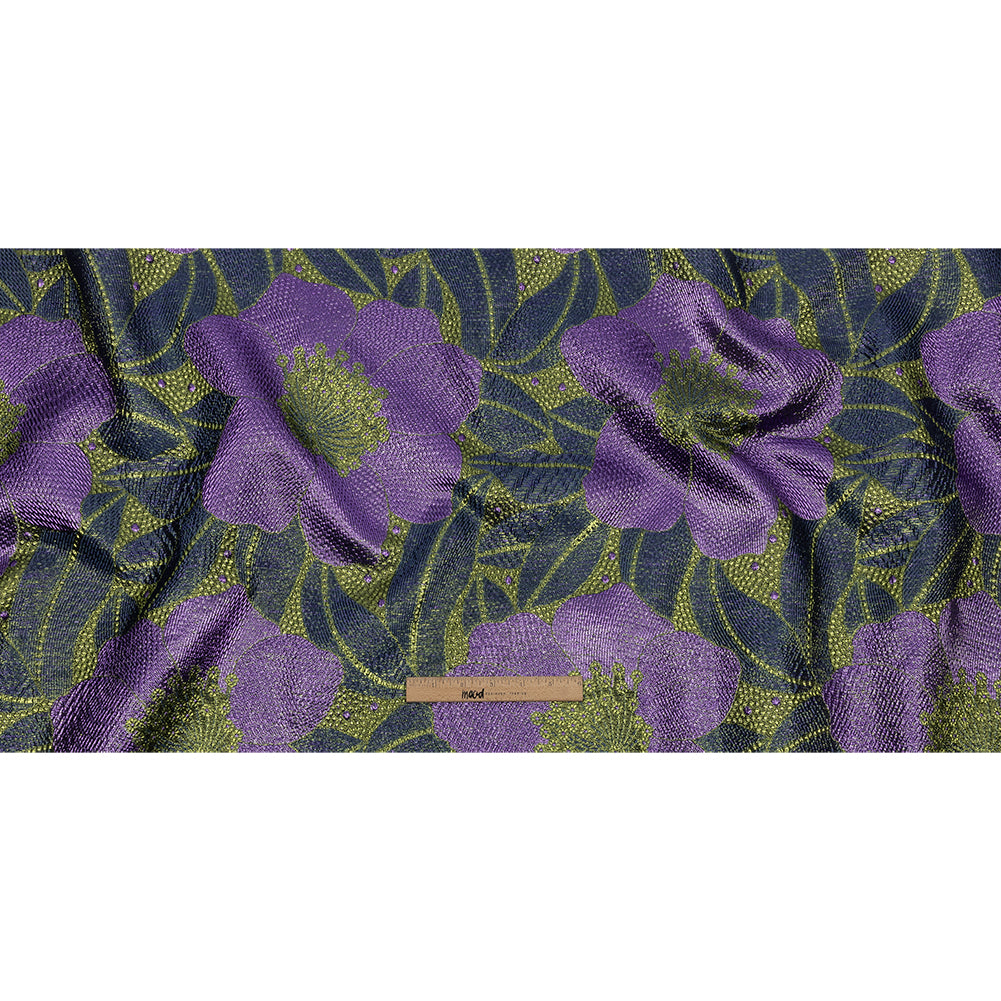 Metallic Navy, Lime and Lavender Tropical Flowers Luxury Brocade - Full