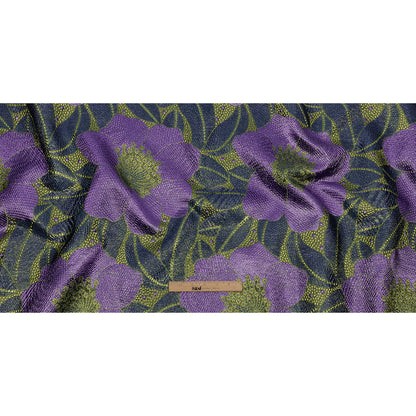 Metallic Navy, Lime and Lavender Tropical Flowers Luxury Brocade