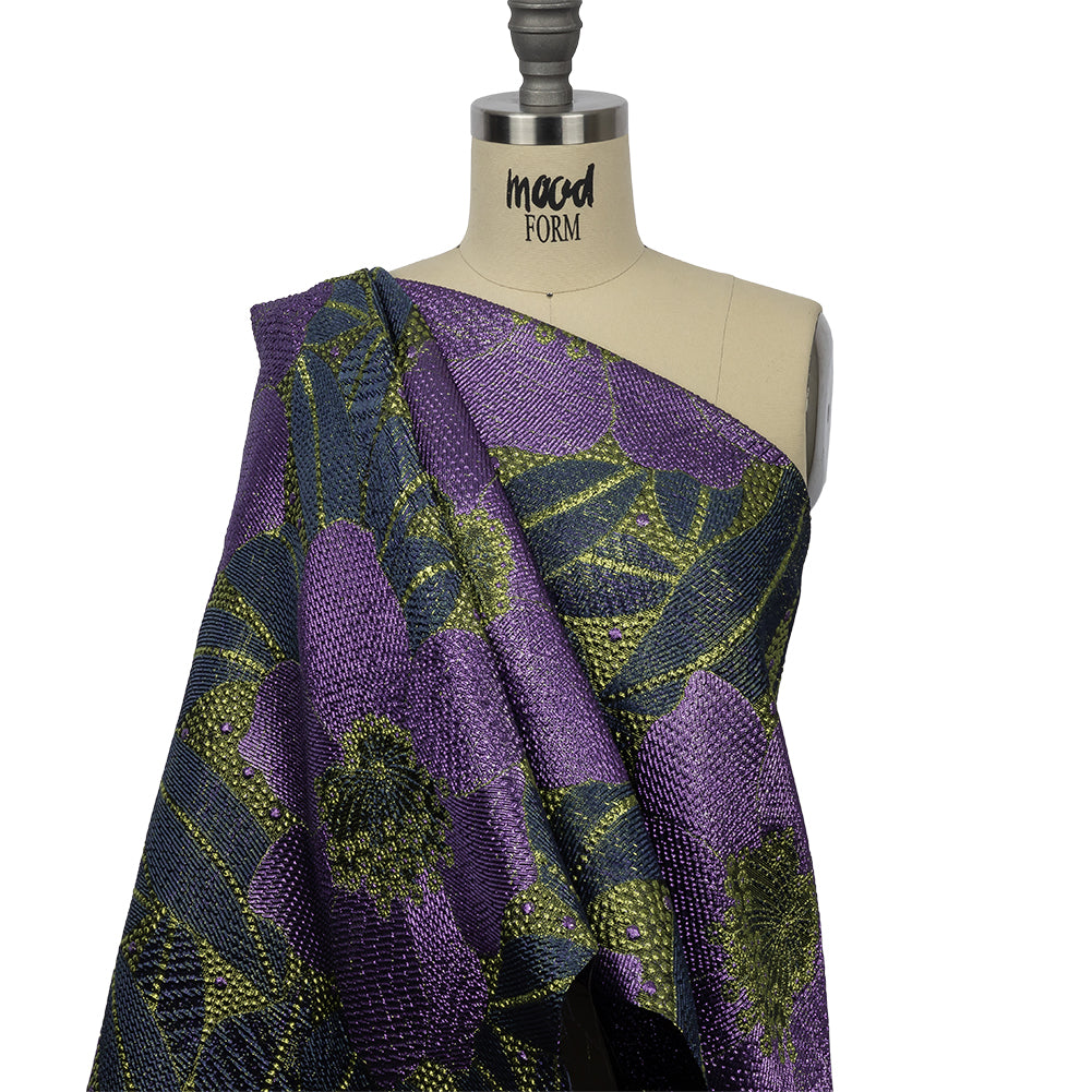 Metallic Navy, Lime and Lavender Tropical Flowers Luxury Brocade - Drape