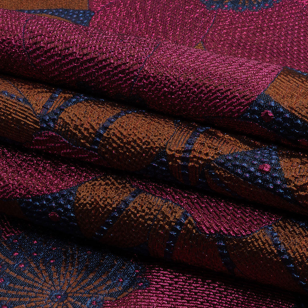 Metallic Magenta, Burnt Orange and Blue Tropical Flowers Luxury Brocade