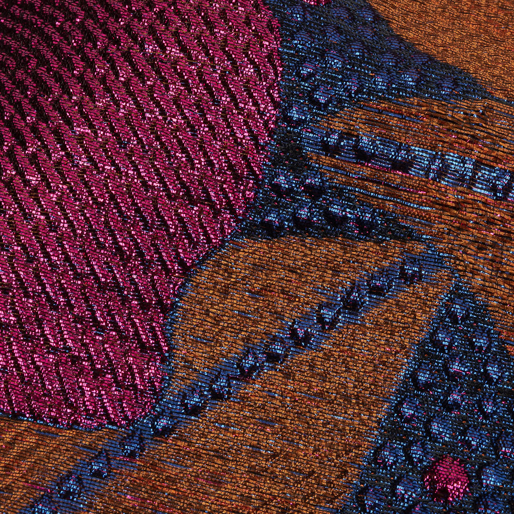 Metallic Magenta, Burnt Orange and Blue Tropical Flowers Luxury Brocade