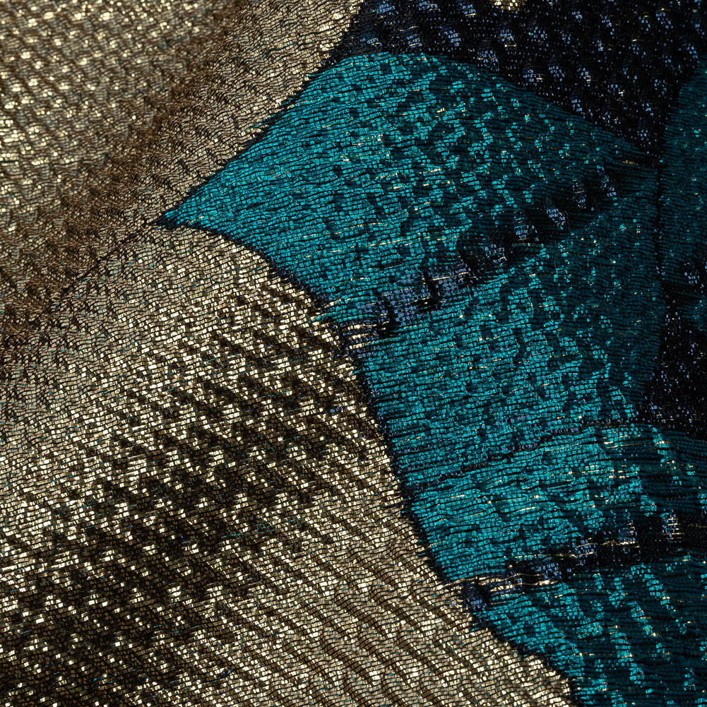 Metallic Gold, Teal and Navy Tropical Flowers Luxury Brocade