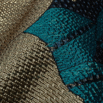 Metallic Gold, Teal and Navy Tropical Flowers Luxury Brocade