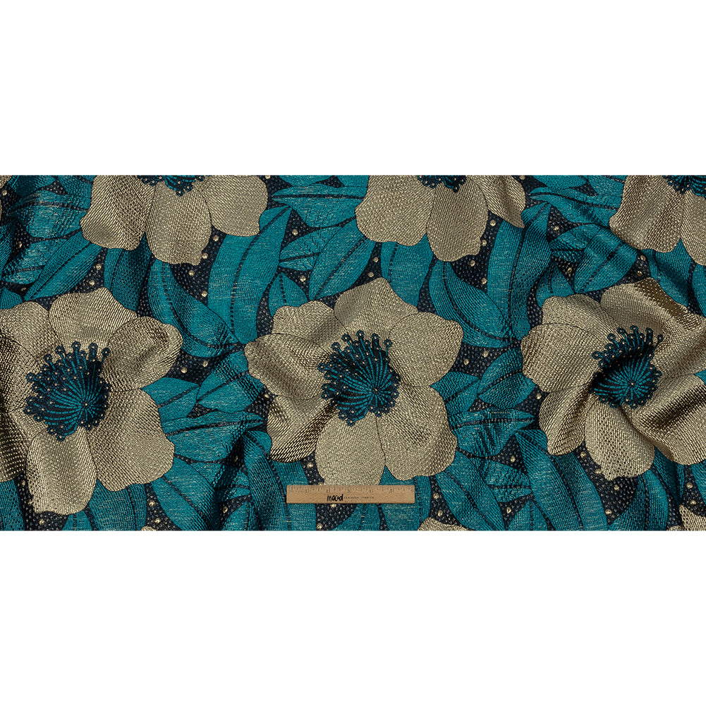 Metallic Gold, Teal and Navy Tropical Flowers Luxury Brocade