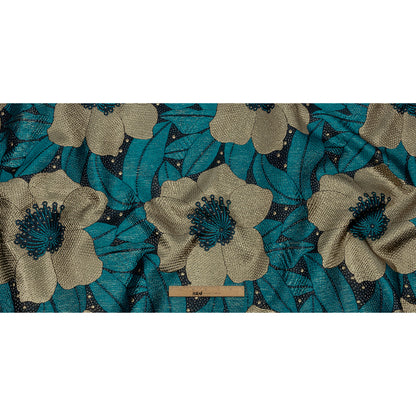 Metallic Gold, Teal and Navy Tropical Flowers Luxury Brocade
