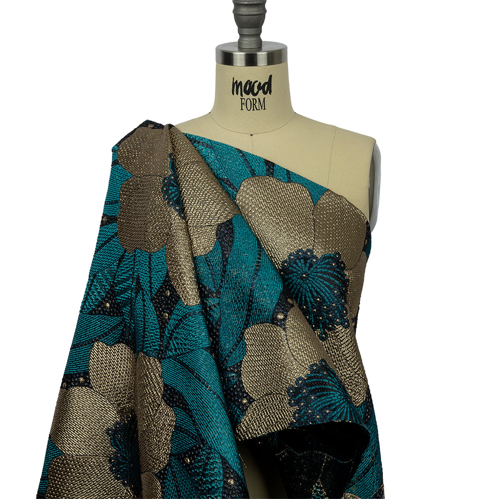 Metallic Gold, Teal and Navy Tropical Flowers Luxury Brocade