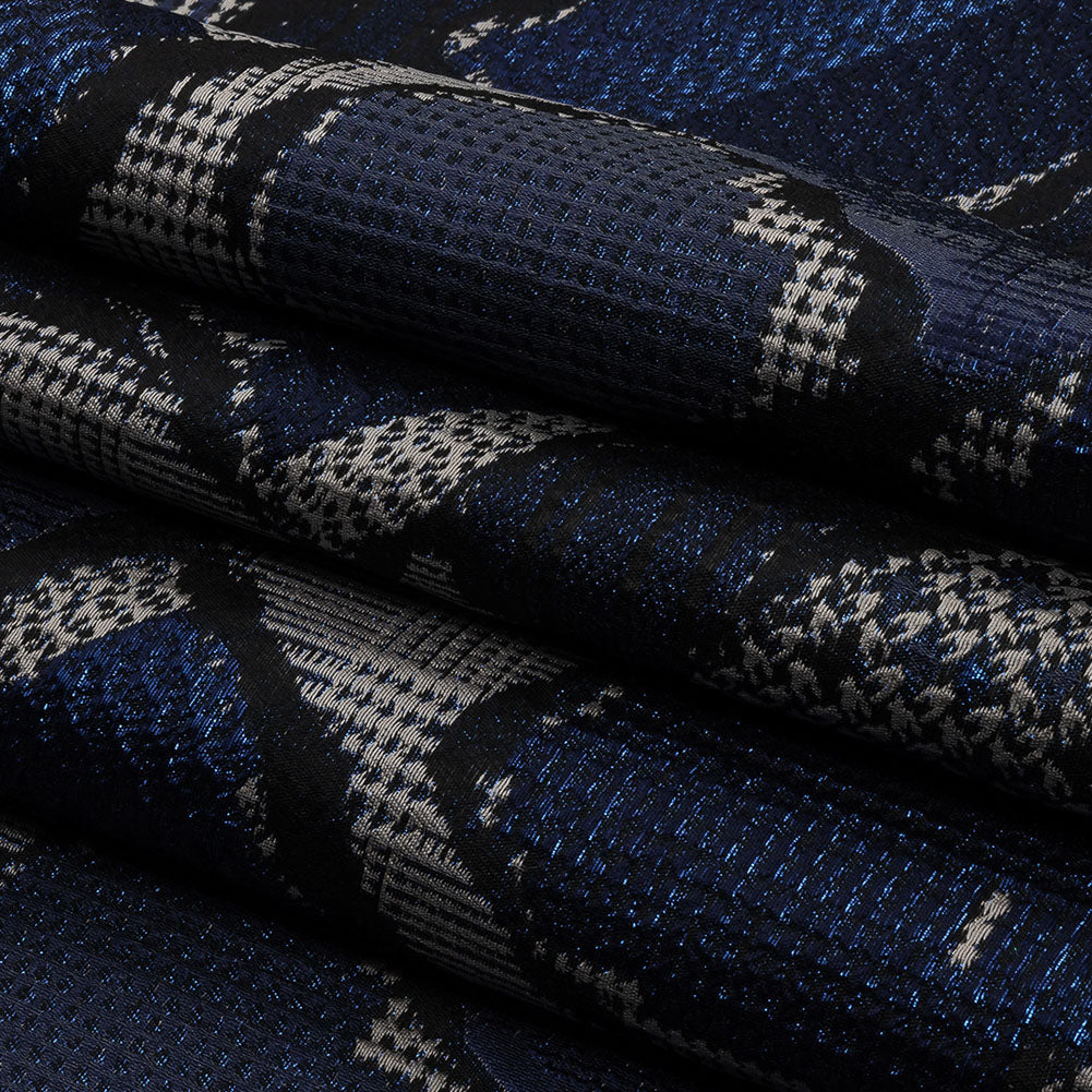 Metallic Navy, Black and Gray Abstract Patchwork Luxury Brocade - Folded