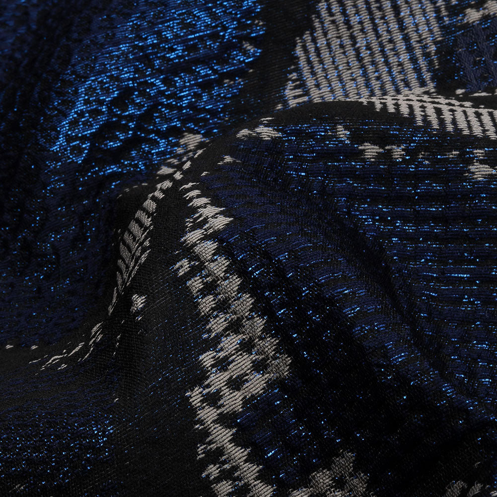 Metallic Navy, Black and Gray Abstract Patchwork Luxury Brocade - Detail