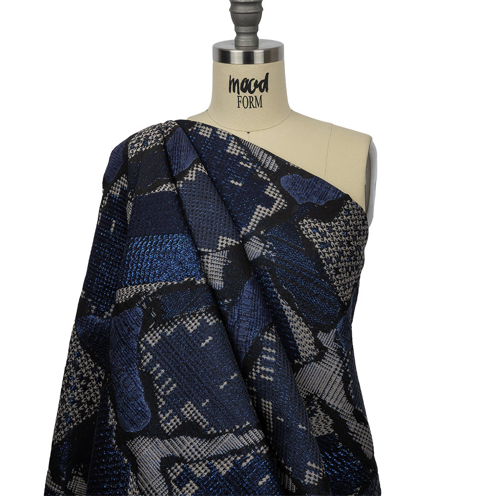 Metallic Navy, Black and Gray Abstract Patchwork Luxury Brocade - Drape