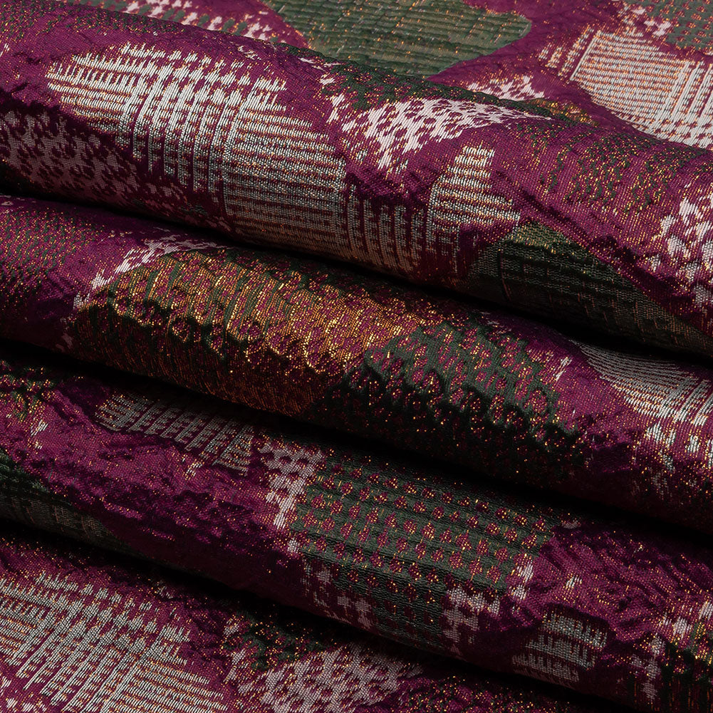 Metallic Gold, Magenta and Forest Abstract Patchwork Luxury Brocade - Folded