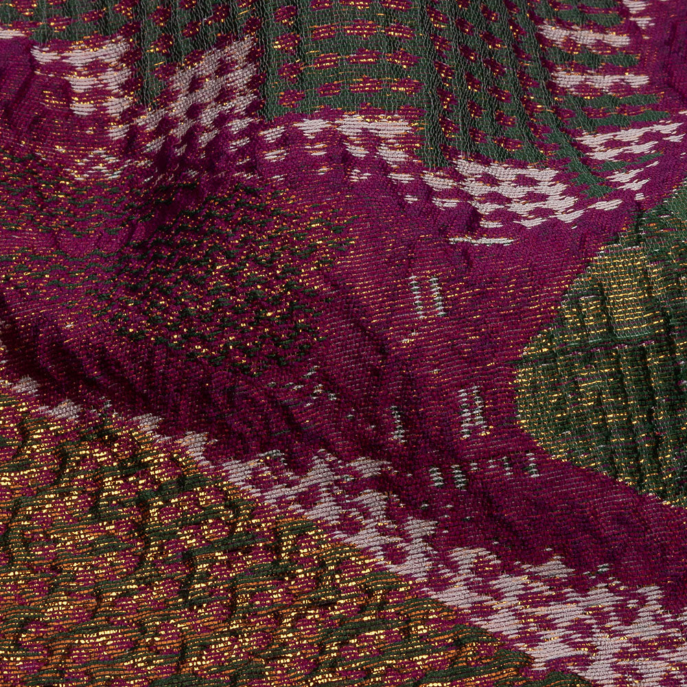 Metallic Gold, Magenta and Forest Abstract Patchwork Luxury Brocade - Detail