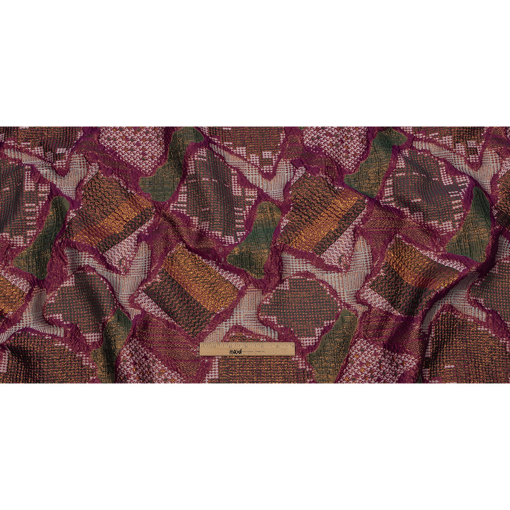 Metallic Gold, Magenta and Forest Abstract Patchwork Luxury Brocade - Full