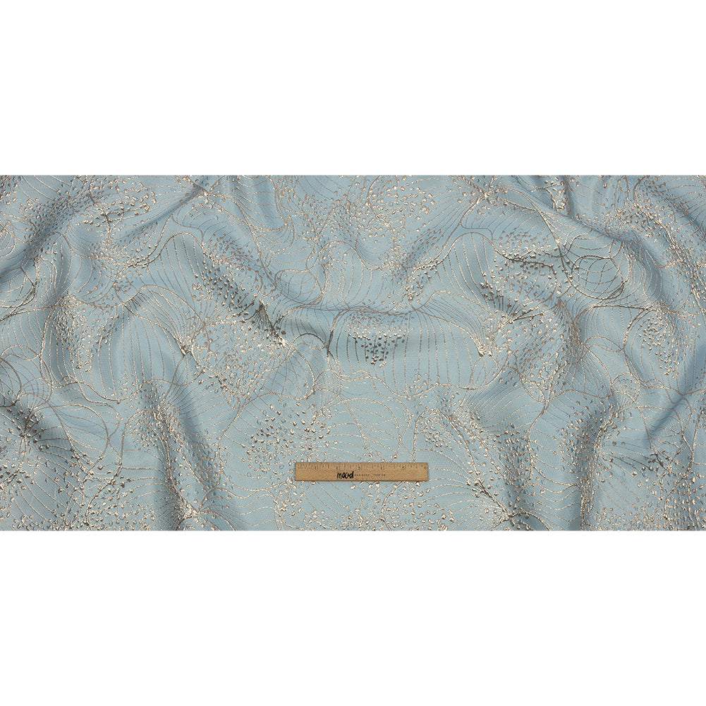 Metallic White Gold and Pale Blue Lines and Dots Luxury Brocade