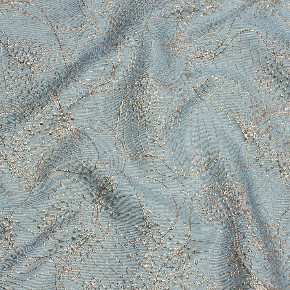 Metallic White Gold and Pale Blue Lines and Dots Luxury Brocade