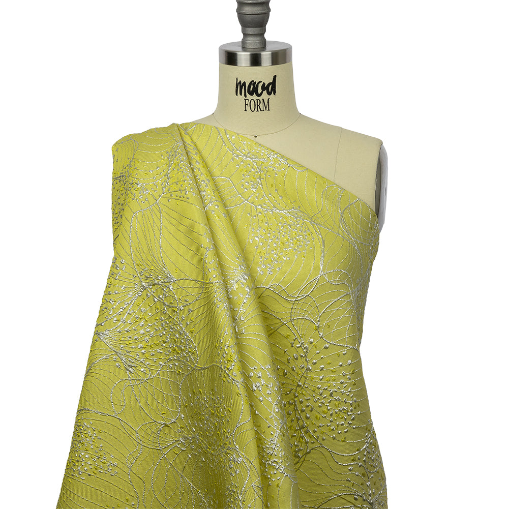 Metallic Silver and Lemon Lines and Dots Luxury Brocade - Drape
