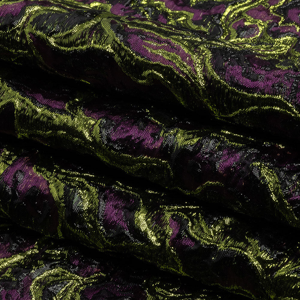 Metallic Lime, Black and Aubergine Smoky Swirls Luxury Brocade - Folded