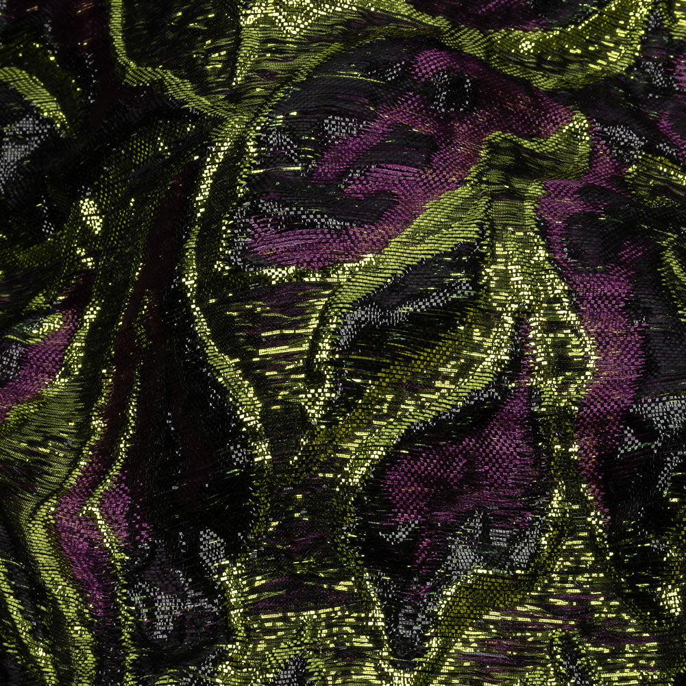 Metallic Lime, Black and Aubergine Smoky Swirls Luxury Brocade - Detail