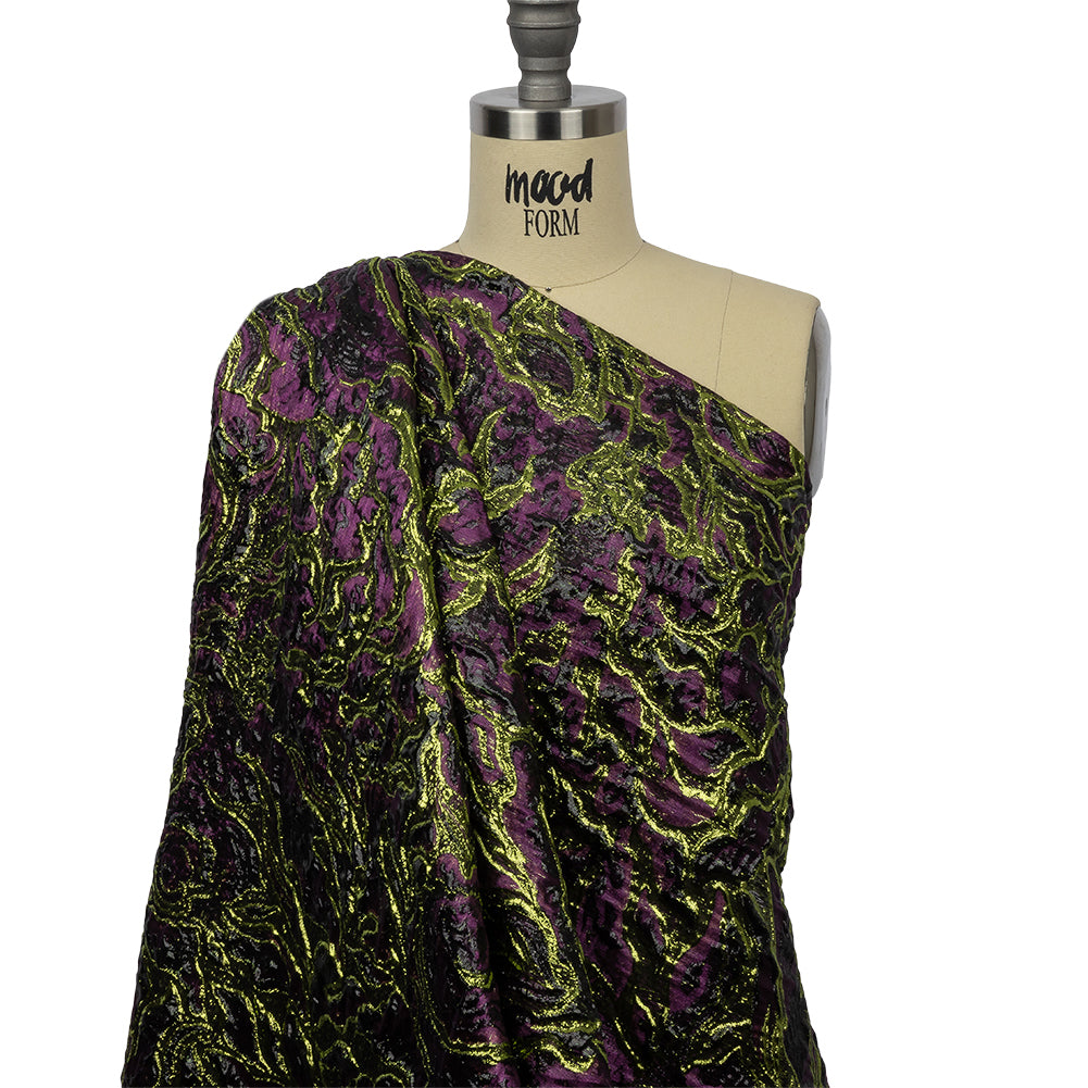 Metallic Lime, Black and Aubergine Smoky Swirls Luxury Brocade - Drape
