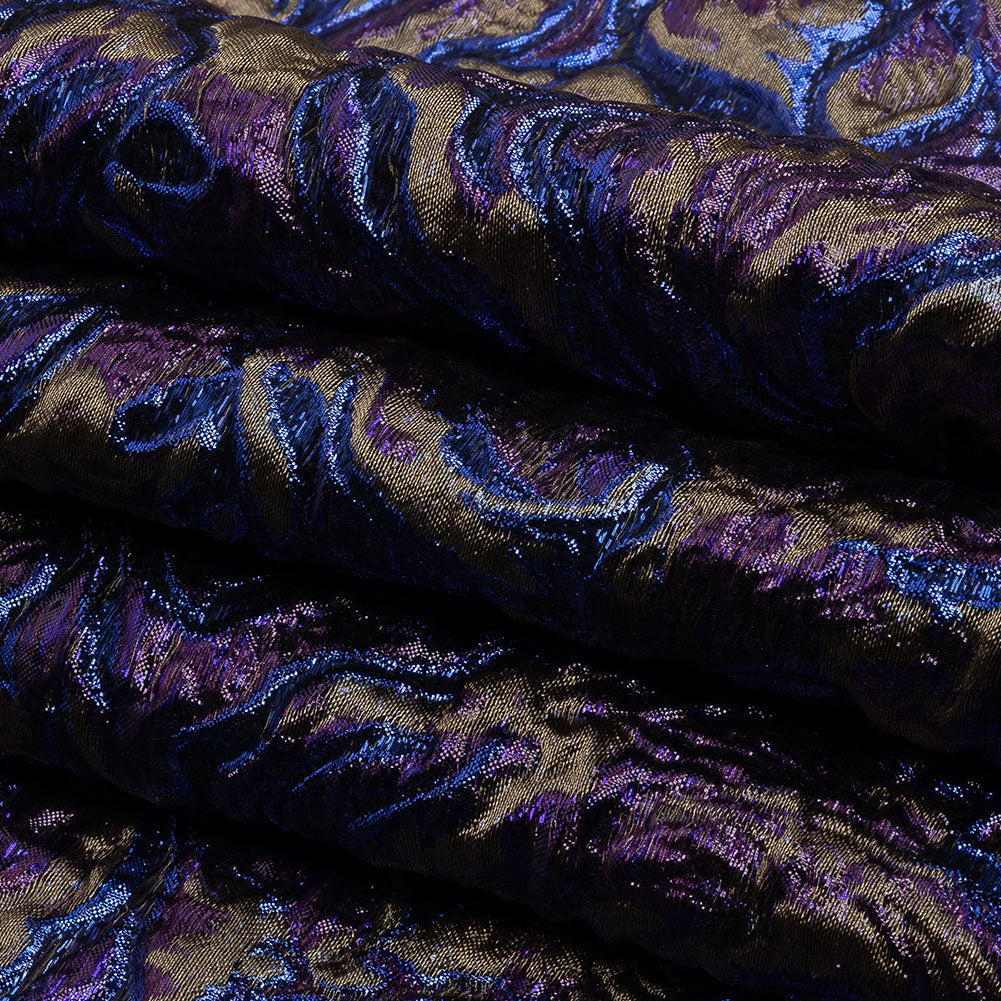 Metallic Royal Blue, Aubergine and Dark Gold Smoky Swirls Luxury Brocade