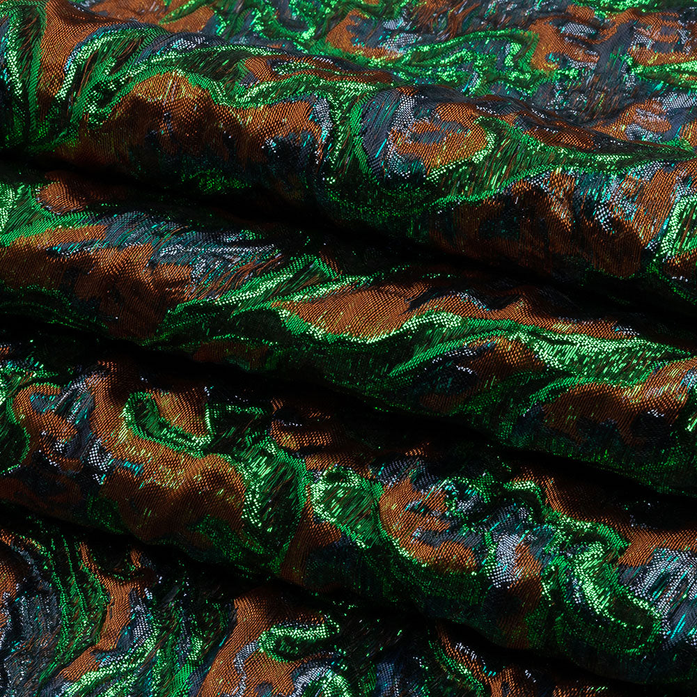 Metallic Green, Navy and Pumpkin Smoky Swirls Luxury Brocade
