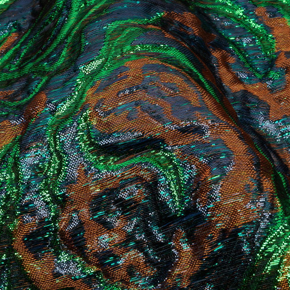 Metallic Green, Navy and Pumpkin Smoky Swirls Luxury Brocade